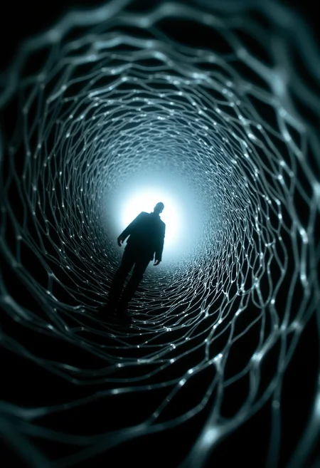 surrealism, portrait, extreme angle camera shot, fish eye lens, lens warping, distortion, bokeh, dark soothing atmosphere, epic, cinematic, white ribbons in motion blur