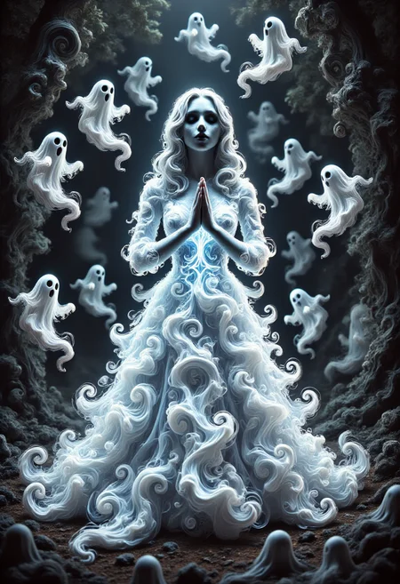 aidmafluxpro1.1,
A pale woman is wearing a glowing dress made of ghosts. she has a pale skin, detailed blue eyes and red lipstick. She's praying to the idol of a dark cult. The scene is set in a dark twisted forest where swirly ghosts are flying around here.
masterpiece, best quality