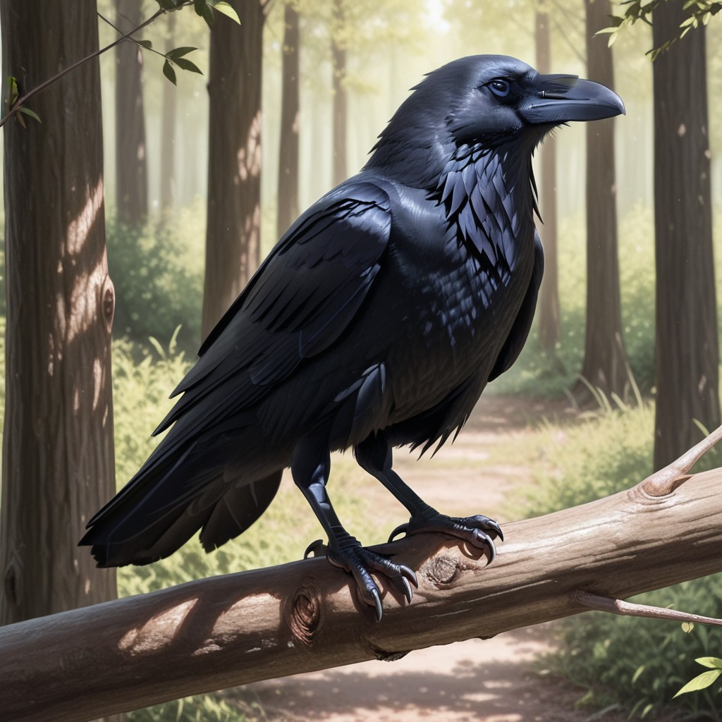 masterpiece, best quality, amazing quality, ravenferalil, feral, raven-bird, black feathers, black eyes, talons,  standing, a branch, forest, <lora:5a18c402-2a75-4a9b-b670-b761425cc43a:1.0>