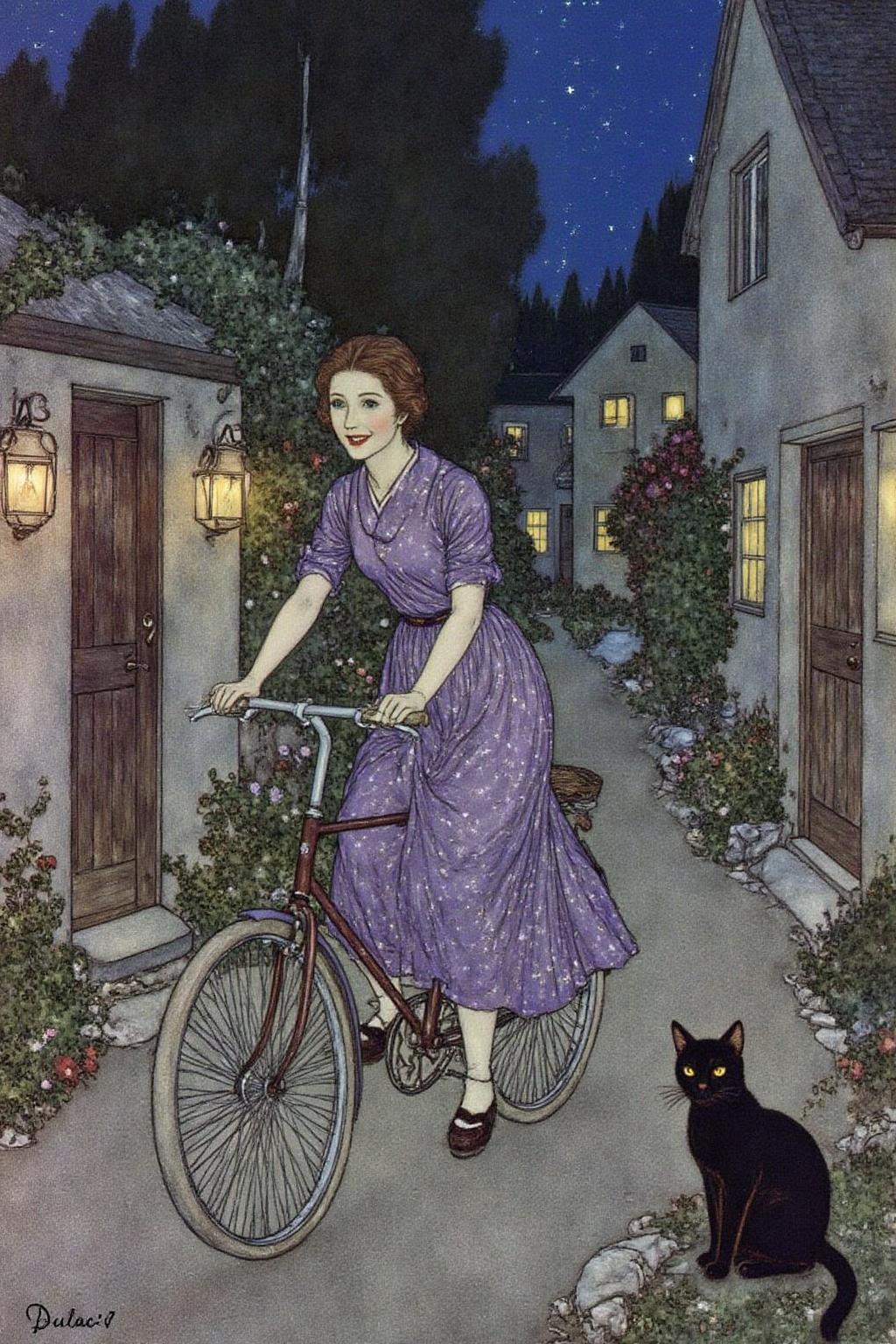 dulac1 illustration 
A Japanese school girl riding a old style bicycle through a narrow, quiet street at night. The happy woman wears a simple, flowing purple dress. In the corner, a small black cat with piercing eyes sits watching her quietly. The mood is tranquil and slightly magical.  <lora:dulac2_cap_d6a3e15:1.0><lora:816566179100606518:0>