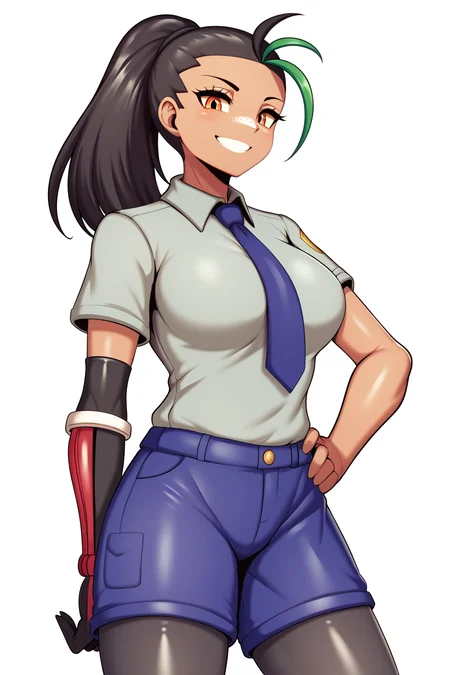 Score_8_up, score_7_up, Score_9, BREAK, 1girl, solo, nemona, uva academy uniform, grey shirt, blue shorts, pantyhose, single glove, blue necktie, smile, looking at viewer, white background, hand on hip, by <tailzkim><lora:EMS-322220-EMS:1.000000>, <lora:EMS-415330-EMS:0.600000>