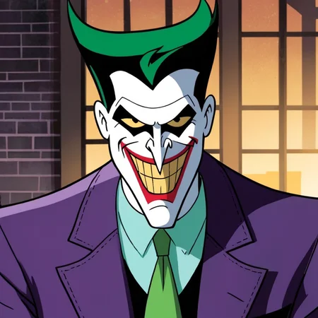 comic book art of  <lora:Joker:1.2>
Joker a cartoon joker with a green tie and a purple suit in Gotham city universe, comic art, graphic novel illustration