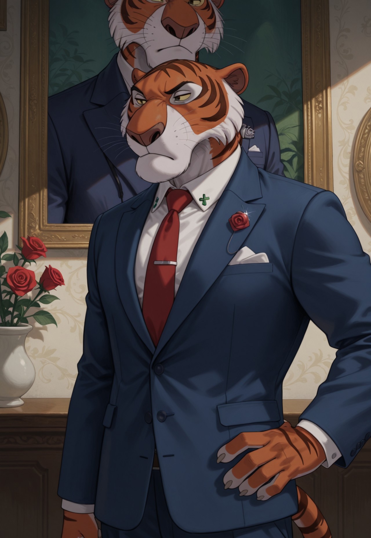 score_9, score_8_up, score_7_up, furry male, anthro, solo, (shere khan:1.2), tiger, chin, large chin, yellow sclera, colored sclera, brown eyes, half-closed eyes, closed mouth, frown, chin tuft, cheek tuft, finger claws, perfect hands, 5 fingers, striped tail, muscular, tall, navy blue suit, light blue dress shirt, red necktie, tie pin, rose-shaped lapel pin, button \(fastener\), 
hand on hip, standing, plantigrade, bust portrait, portrait, painterly, detailed face, ornate, 
inside, painted background, shadow, perfect lighting, 
masterpiece, detailed shading, hyperrealistic, realistic, intricate details, absurdres, 4k, 
 IllustriousQual, Stable_Yogis_Illustrious_Positives