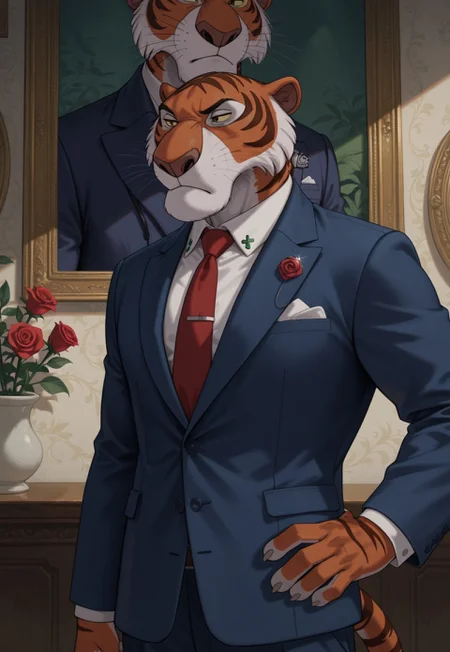 score_9, score_8_up, score_7_up, furry male, anthro, solo, (shere khan:1.2), tiger, chin, large chin, yellow sclera, colored sclera, brown eyes, half-closed eyes, closed mouth, frown, chin tuft, cheek tuft, finger claws, perfect hands, 5 fingers, striped tail, muscular, tall, navy blue suit, light blue dress shirt, red necktie, tie pin, rose-shaped lapel pin, button \(fastener\),
hand on hip, standing, plantigrade, bust portrait, portrait, painterly, detailed face, ornate,
inside, painted background, shadow, perfect lighting,
masterpiece, detailed shading, hyperrealistic, realistic, intricate details, absurdres, 4k,
IllustriousQual, Stable_Yogis_Illustrious_Positives