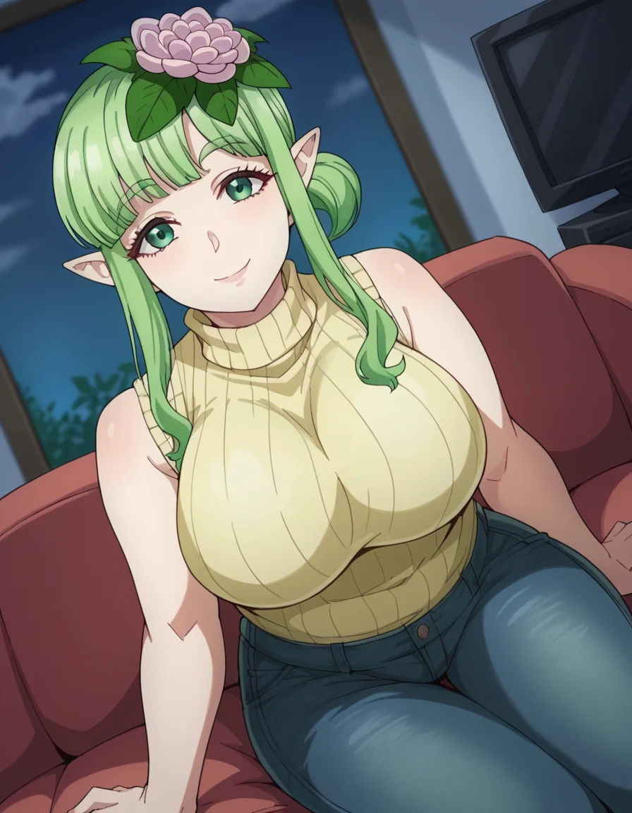 score_9, score_8_up, score_7_up, source_anime, <lora:kusahanada-s1-ponyxl-lora-nochekaiser:1>, kusahanada, large breasts, hair ornament, green eyes, flower, sidelocks, green hair, pointy ears, hair flower,, sleeveless, pants, sweater, turtleneck, denim, ribbed sweater, jeans, sleeveless turtleneck, living room, television, couch, popcorn, watching movie, night time, sitting,, , looking at viewer, smile, solo,, cowboy shot, dutch angle