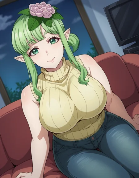 score_9, score_8_up, score_7_up, source_anime, <lora:kusahanada-s1-ponyxl-lora-nochekaiser:1>, kusahanada, large breasts, hair ornament, green eyes, flower, sidelocks, green hair, pointy ears, hair flower,, sleeveless, pants, sweater, turtleneck, denim, ribbed sweater, jeans, sleeveless turtleneck, living room, television, couch, popcorn, watching movie, night time, sitting,, , looking at viewer, smile, solo,, cowboy shot, dutch angle