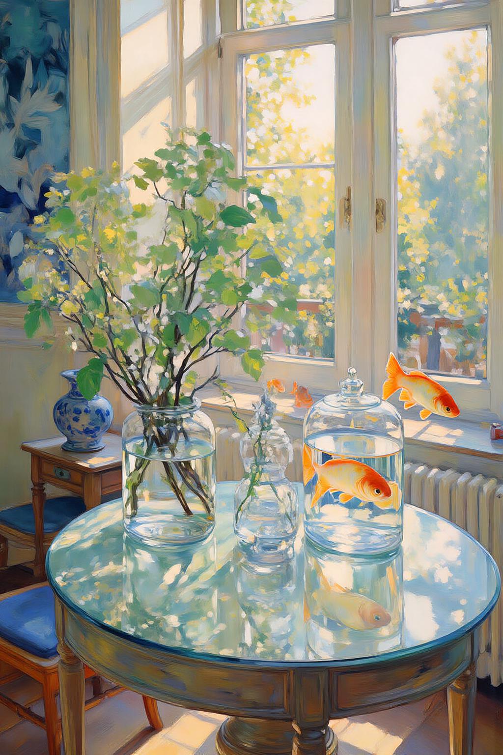 kaoruyamada1 painting.
A serene indoor setting with a round glass table in the foreground. On the table, several glass containers, some containing water and goldfish. Two goldfish are floating in the air above the table. Behind the table, a window with light streaming through. To the left of the table, a small wooden table with a large vase with green foliage on top, and a blue cushioned chair. <lora:kaoruyamada1_f16e9:1.0><lora:868829273878724491:0>