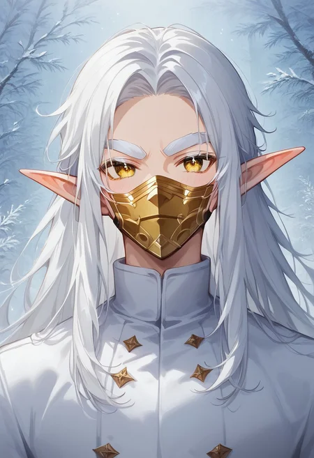 (masterpiece), (best quality), source_anime+, perfect anatomy, HD, 10k Res, digital_media_(artwork) hi_res, intricate, high quality, amazing quality, Expressive Face, (1boy, Gold Eyes, (Gold Face Mask), Not Handsome, Average, ((White Hair, White Eyebrows) Long Hair, Thick Hair, Twenty Years Old, Frost_Elf)), Drestoria-Style_V1, semi-realism, nose