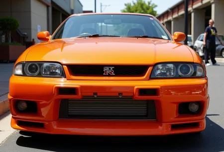<lora:Nissan_Skyline_GT-R_R33:0.6> A slightly from below eye level of a orange modified Nissan Skyline GT-R R33 in all its shining glory. Mirror-like, glossy finish catches bright highlights. Vibrant colors.