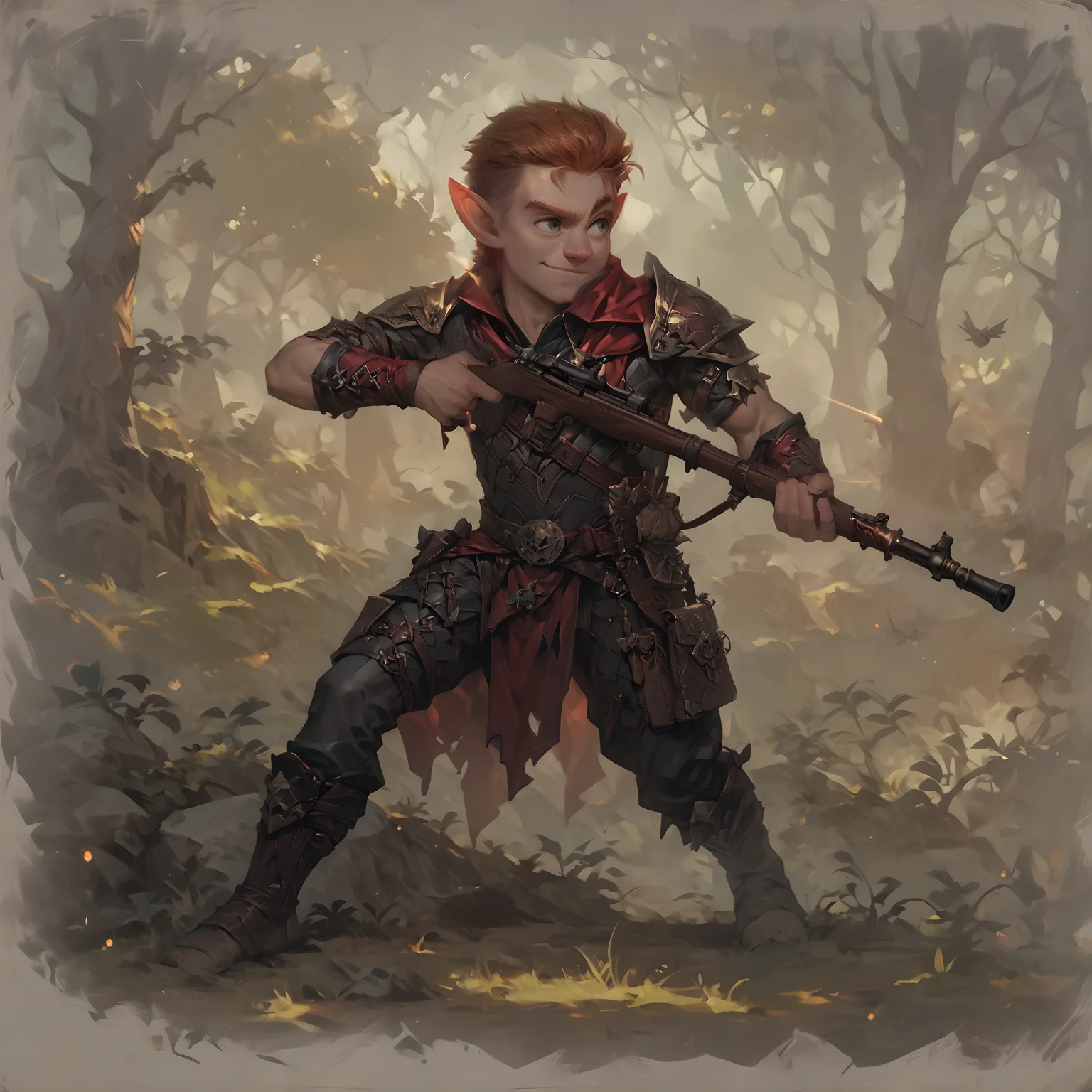 score_9, score_8_up, score_7_up, 1boy, solo,<lora:pony_good_hands:0.85>,fantasy,gunslinger,(young:1.3), good_hands <lora:Pony_DetailV2.0:0.9>, <lora:Concept Art Eclipse Style LoRA_Pony XL v6:0.85> , magic gun, halfling, short stature, pointed ears, dark clothes, hiding <lora:halfling:0.85>, dynamic, dangerous, shooting, sniper, sexy, short hair, badass, strong, power, (looks to the side:1.2), sexy face, raised eyebrow, (smug grin:0.8), <lora:EnvyPonyPrettyEyes01:0.7>, realistic, perfect skin, detailed muscles, belt, simple clothes, strong legs, muscular, brutal, bag on leg