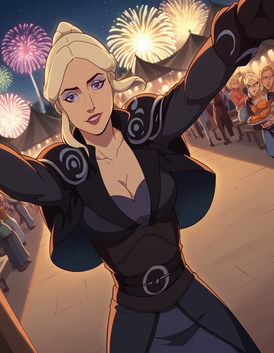 score_9, score_8_up, score_7_up, source_anime, <lora:allura-vysoren-s3-ponyxl-lora-nochekaiser:1>, allura vysoren, ponytail, blonde hair, sidelocks,purple eyes, makeup, lipstick, cleavage, medium breasts, belt, long sleeves, dress, black dress, collarbone, shoulder armor, gloves, festival, fireworks, summer night, food stall, traditional, arms up,, smile, looking at viewer, on back, arm support, arms up, incoming hug, pov, reaching, reaching towards viewer,, solo,, dutch angle, cowboy shot
