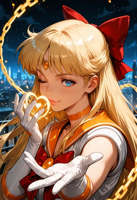 (masterpiece, top quality, official art, best quality, beautiful and aesthetic: 1.2), very detailed, colorful, most detailed, (abstract background:1), surreal and fantasy theme, 1girl, 
Sailor Venus, 1girl, blonde hair, red bow, blurry, blurry background, blue eyes, closed mouth, depth of field, hand up, yellow energy kinesis, looking at viewer, outstretched hand, wink, kiss, solo, upper body, yellow energy hearts, gloved, yellow energy chain
BREAK, realistic background, night, cityscape, roof, side view, 
 <lora:ponyv6_noobV1_2_adamW:1>, <lora:NOOB_vp1_detailer_by_volnovik_v1:0.2>, <lora:noobai_ep11_stabilizer_v0.129_fp16:2>, <lora:g4n1m3XLP:0.6> g4n1m3 <lora:[GP] somethingweird [Pony XL]:0.5>, <lora:sdxl_lightning_2step_lora:0.4> <lora:eye_catching:0.4> eye catching, drab <lora:dark:0.2> <lora:dark_fantasy_anime_illustriousXL:0.3> dark_fantasy_style, dark fantasy, retro,