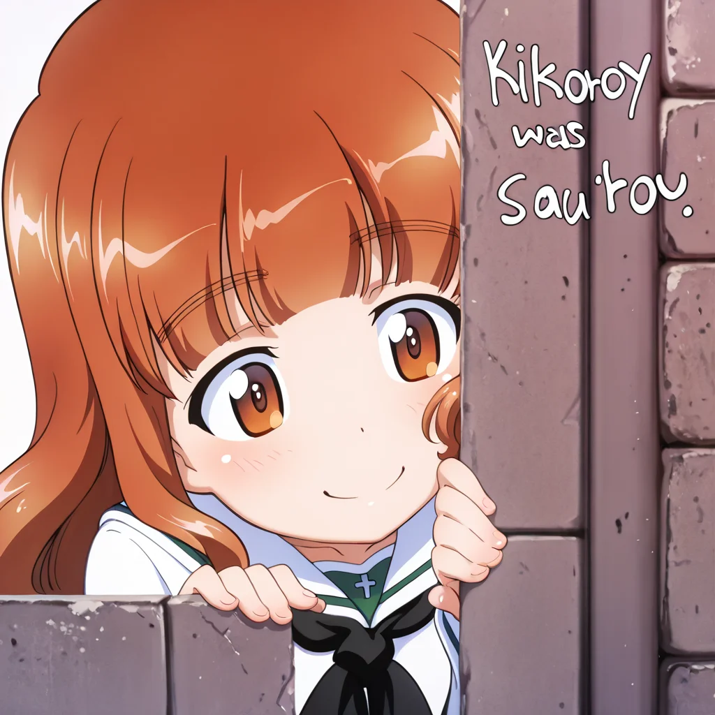 <lora:IL_kilroy_was_here:1>,kl_h,kilroy was here,brick wall,meme,english text,white background,simple background,<lora:t_saori_ilxl_v1.2:1>,saori,orange eyes,s_clothes,white shirt,long_sleeves,black neckka chief,peeking out,smile,hiding,, masterpiece,best quality,amazing quality,very aesthetic,absurdres,