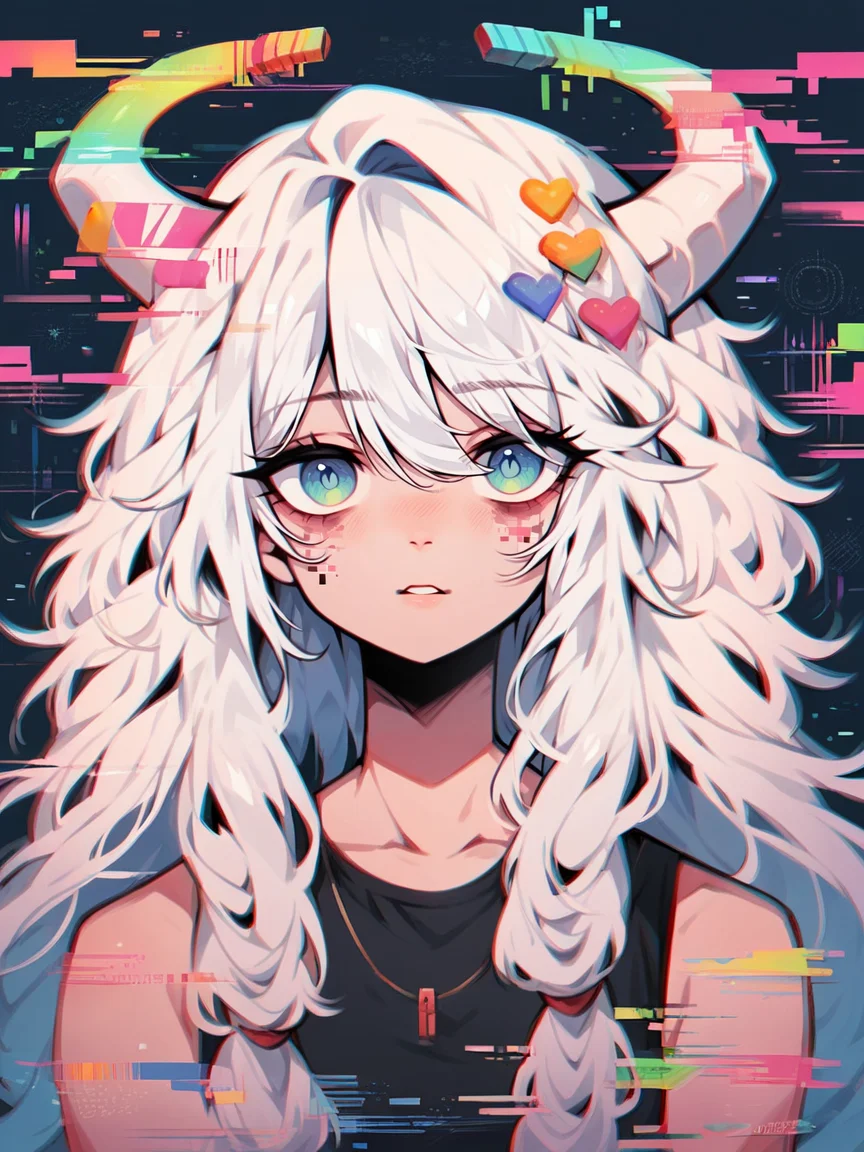 score_9, score_8_up, score_7_up, score_6_up, score_5_up, score_4_up, <lora:gl1tchXLP:1> gl1tch, 1girl, glitch, portrait, angel, horns