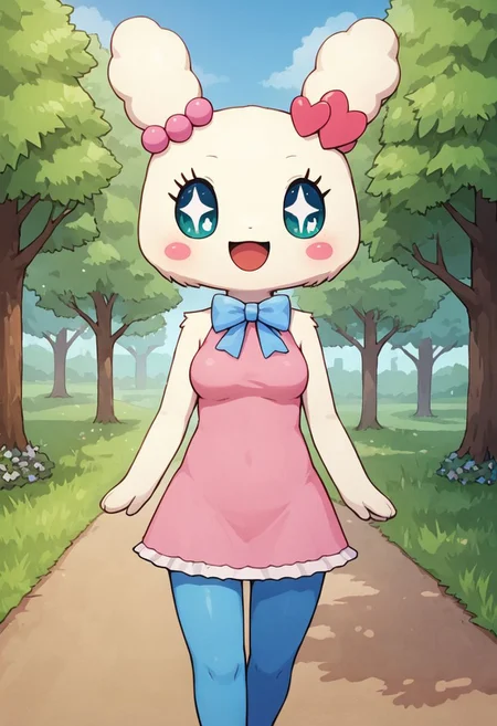 score_9, score_8, score_7_up, score_6_up, source_furry, source_anime, Tamagotchi, Lovelitchi, ear beads, solo, white fur, pink dress, blue bow, anthro, breasts, blue pantyhose, walking in the park, nature, grass, walking, blush, sparkling eyes, no nose, solo, thighs, detailed, tree, blue sky, park, flowers, cowboy shot, happy, masterpiece, angled
