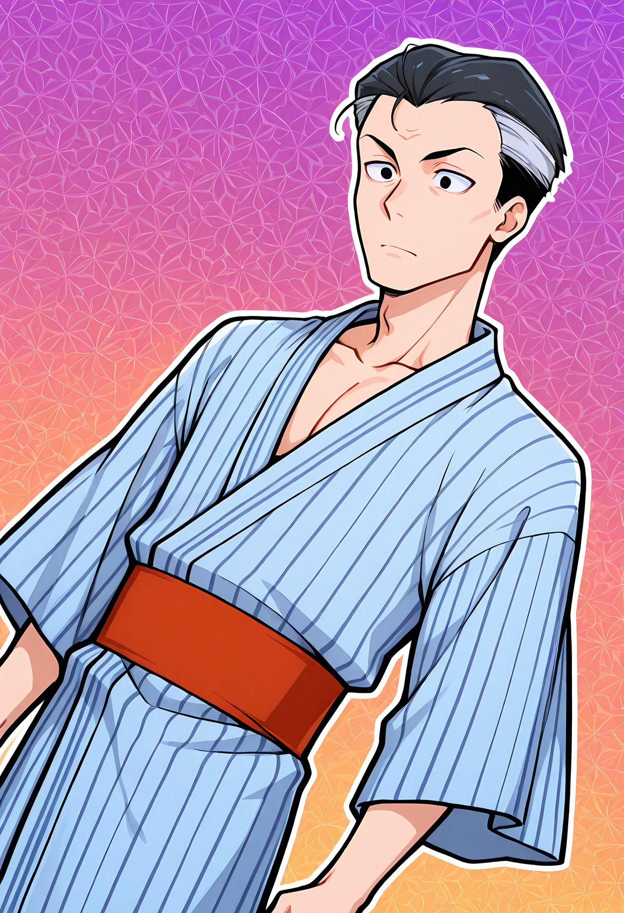 masterpiece, best quality, amazing quality, dynamic angle, dutch angle, abstract background, BREAK
solo, 1boy, d3m@rt1n0, black hair, multicolored hair, black eyes, yukata, japanese clothing, BREAK
<lora:cfg_scale_boost:0.6>  <lora:Anthony_DeMartino_-_Daria_-_ILXL:1>