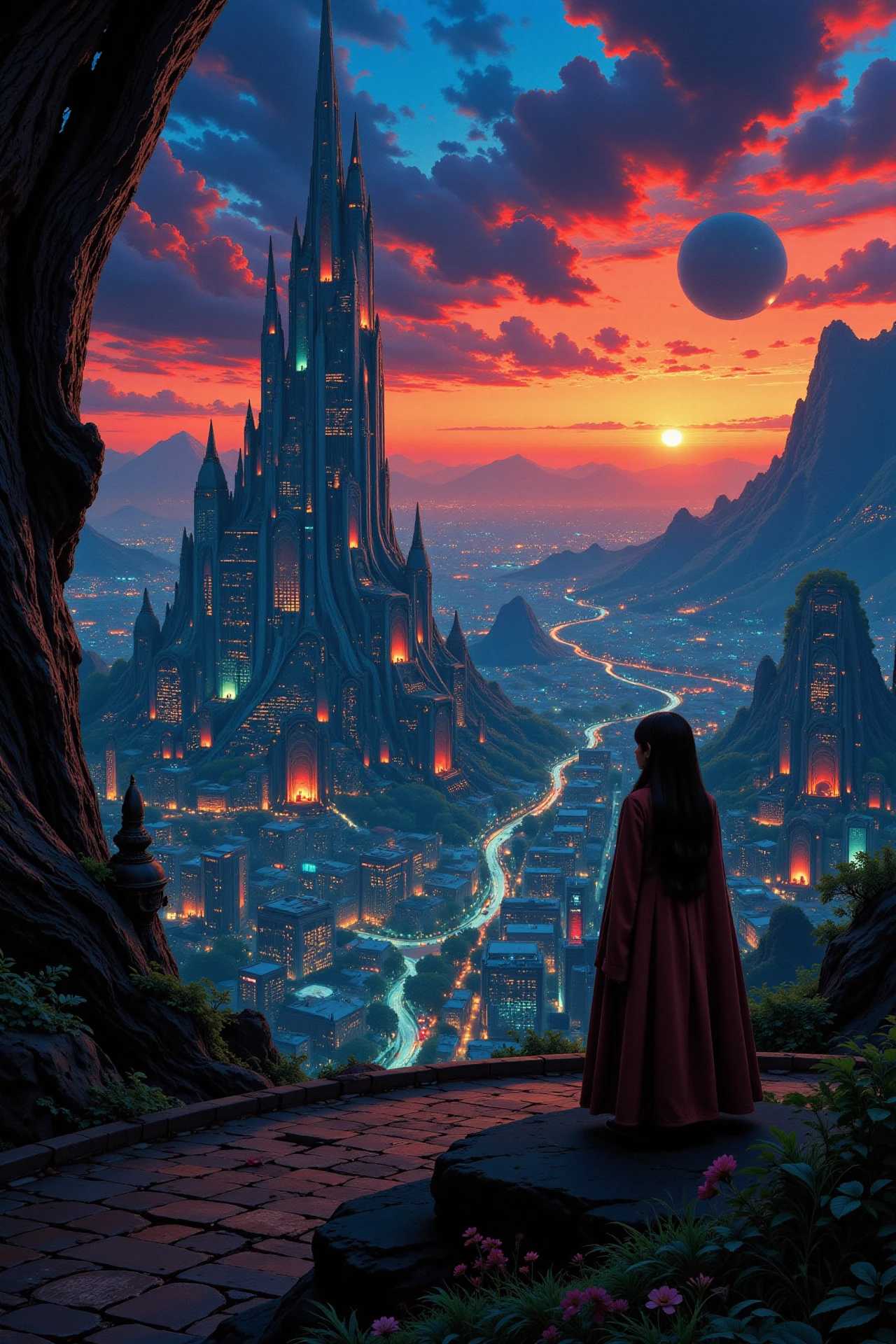 a futuristic sci-fi fantastic cyberpunk city beautiful  landscape, dusk, woman, very intricate, very detailed, sharp, bright, colorful, <lora:Hand v2:0.5> <lora:Anti-Blur:1><lora:Insane Detail Slider:0.25>  <lora:flux.1_lora_flyway_Epic-detail_v2:0.3> <lora:fluxenhancer:0.25> <lora:Anime_style:0.6> anime style