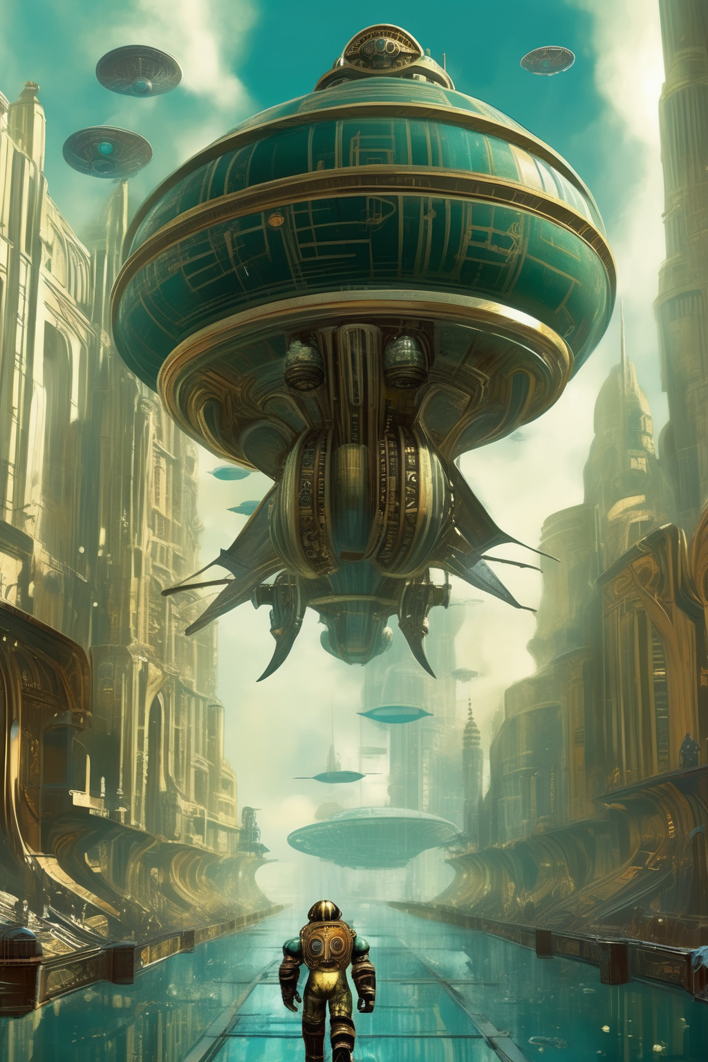 <lora:Stephan Martiniere Style:1>Stephan Martiniere Style - warhammer 40k spaceship in an art deco style reminiscent of Rapture from bioshock