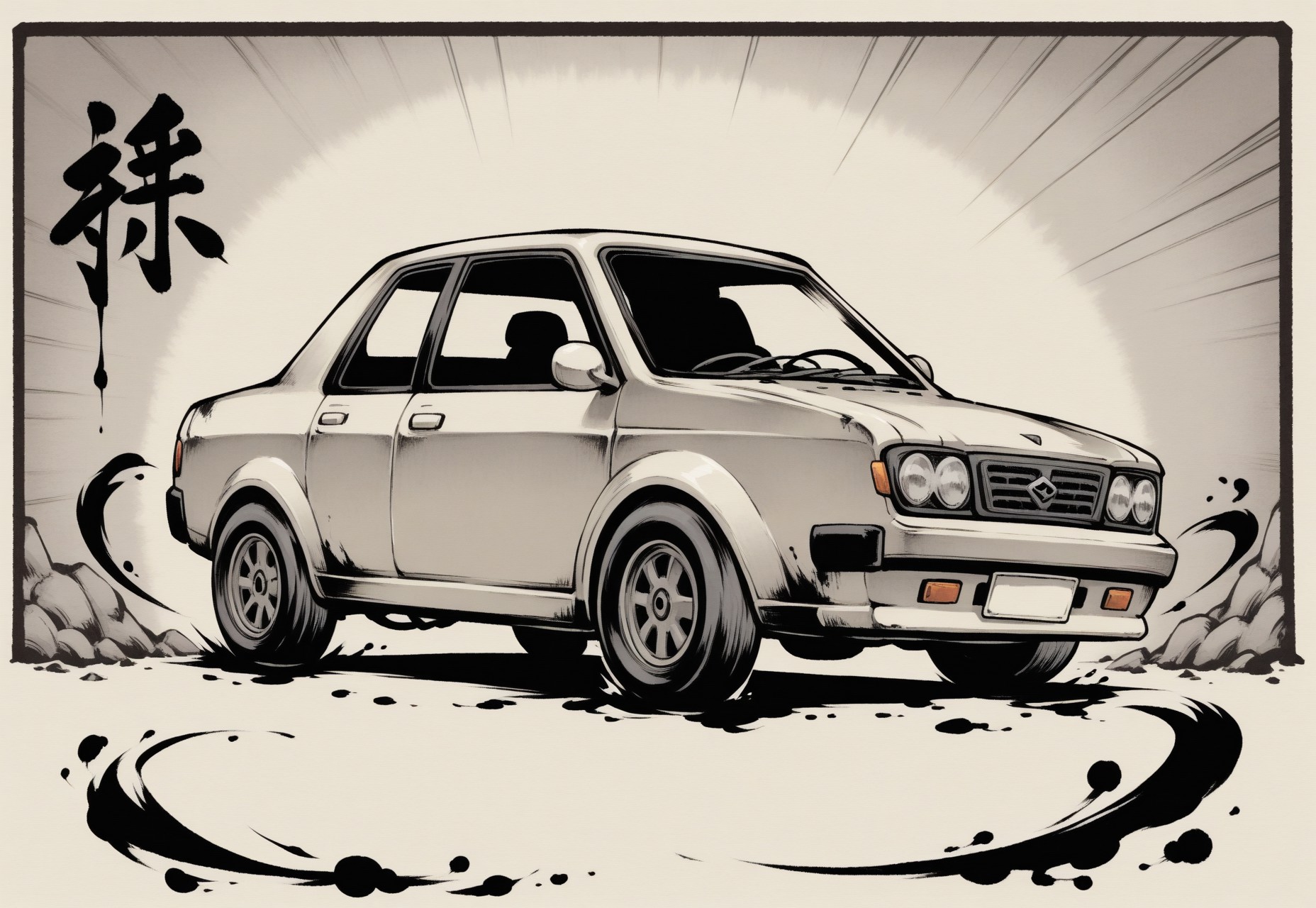 sumi-e, minimalist style, heavy ink, thick lines, smudged lines,

Chandra gasps in shock as a car crashes into the wall