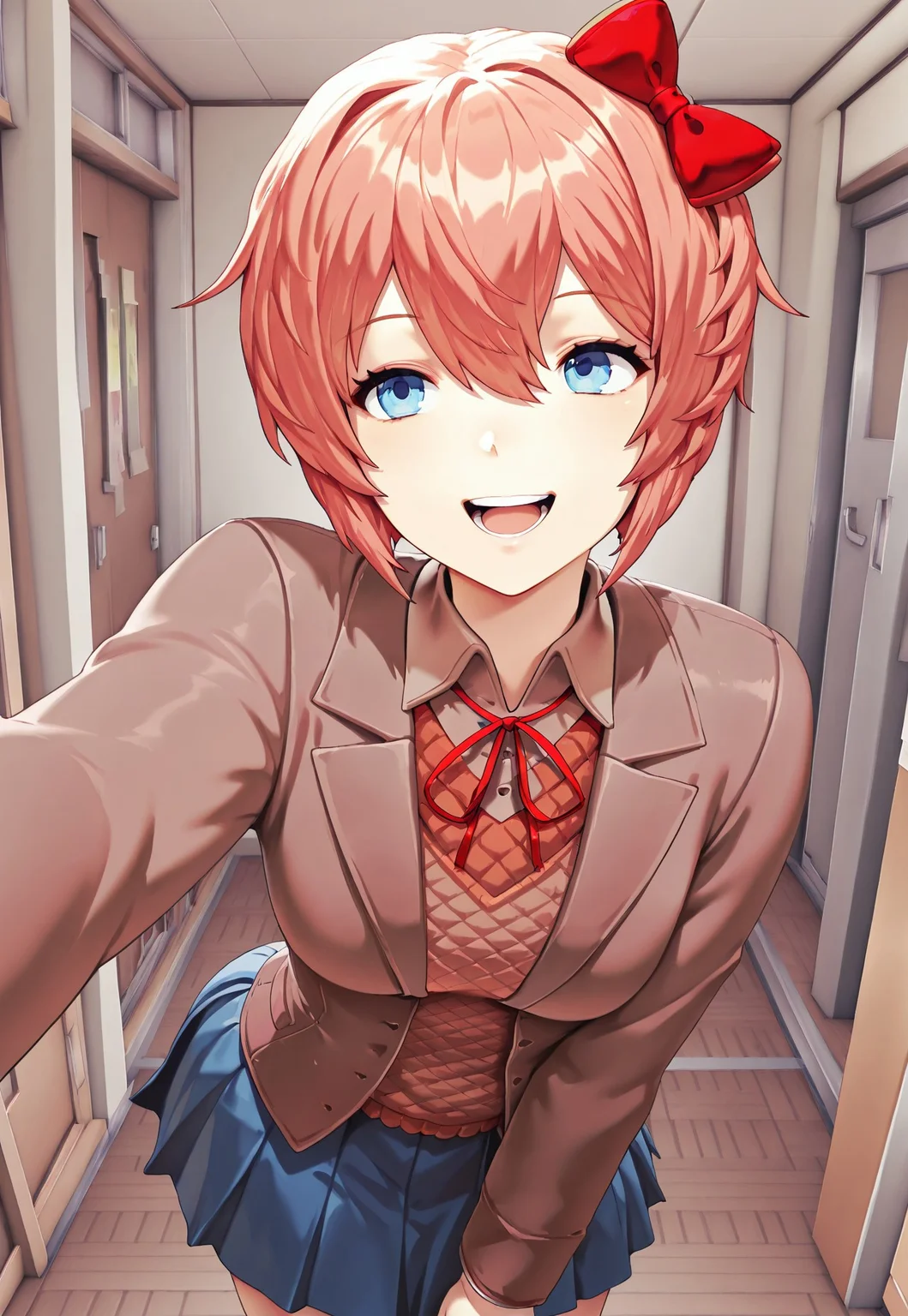 masterpiece, hires, 1girl, Sayori, short hair, bow, hair bow, blue eyes, pink hair, red bow, hair between eyes, blazer, brown sweater, collared shirt, neck ribbon, blue skirt, happy, mouth open, posing, indoors