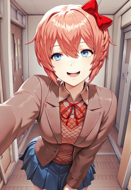 masterpiece, hires, 1girl, Sayori, short hair, bow, hair bow, blue eyes, pink hair, red bow, hair between eyes, blazer, brown sweater, collared shirt, neck ribbon, blue skirt, happy, mouth open, posing, indoors