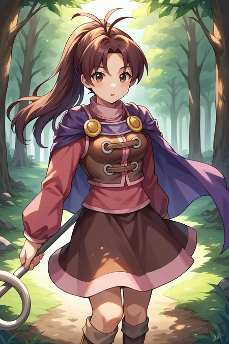 score_9, score_8_up, score_7_up, score_6_up, source_anime, BREAK 1girl, solo, <lora:gsjenna-pdxl-nvwls-v1-000005:1> gsJenna, brown hair, ponytail, antenna hair, purple cape, vest, pink shirt, long sleeves, brown skirt, boots, holding staff, forest, looking at you, chestnut mouth,
