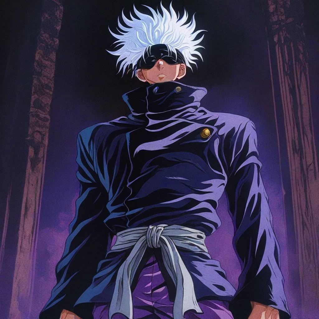 dark_fantasy_style, retro, 1boy, solo, alone, gojou satoru, white hair, purple pants, high collar, blindfold, covered eyes, black blindfold, purple jacket, purple pants, masterpiece, highres