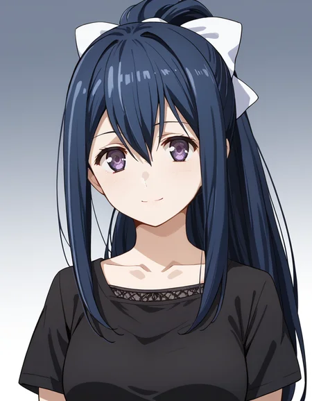 score_9, score_8_up, score_7_up, source_anime, BREAK
1girl, solo, looking at viewer, gradient background, upper body, light smile,
neko kuroha, blue hair, long hair, hair between eyes, sidelocks, purple eyes, ponytail, white bow,
casual outfit 2, collarbone, black shirt, short sleeves,
<lora:neko_kuroha_anime-soralz:1>