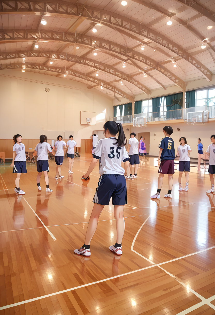 score_9, score_8_up, score_7_up, rating_safe, masterpiece, best quality, absurdres, unity 8k wallpaper, official art, official style, source_anime, uncensored, game cg, megami magazine,
taiikukan, indoors, sportswear, multiple girls, indoors, photo background, shorts, ball, 6+girls, ceiling light, black hair, ceiling, stage, wooden floor, gym uniform, sportswear, 
 <lora:gakkou_taiikukan_PONY_V1:1>