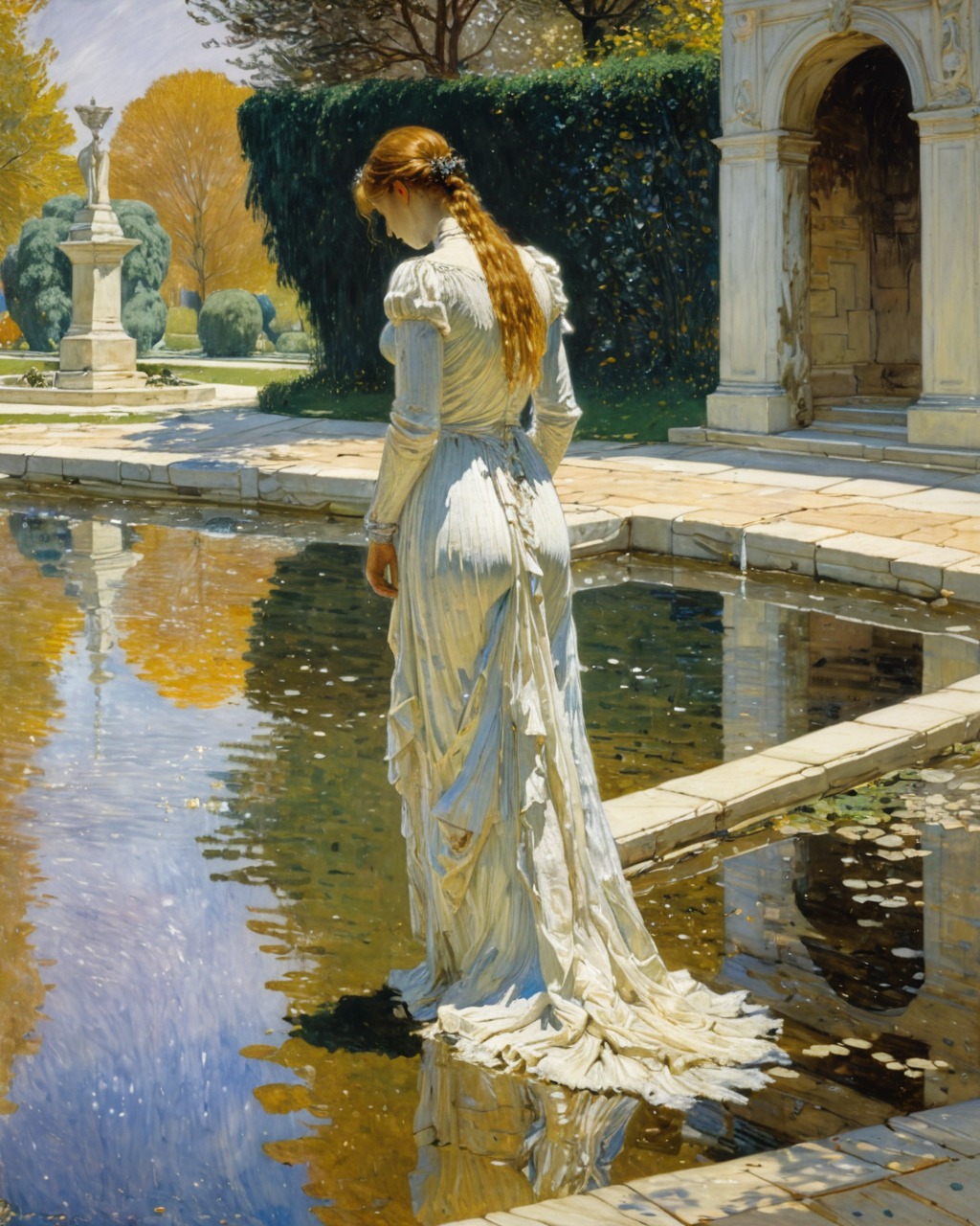 princess , Childe Hassam,  kneeling near a fountain, tomb, water, reflections, transparency, figurative, The Kingdom of the Unicorn, tenebrism, sadness, <lora:add-detail-xl:1>, <lora:xl_more_art-full_v1:0.8>