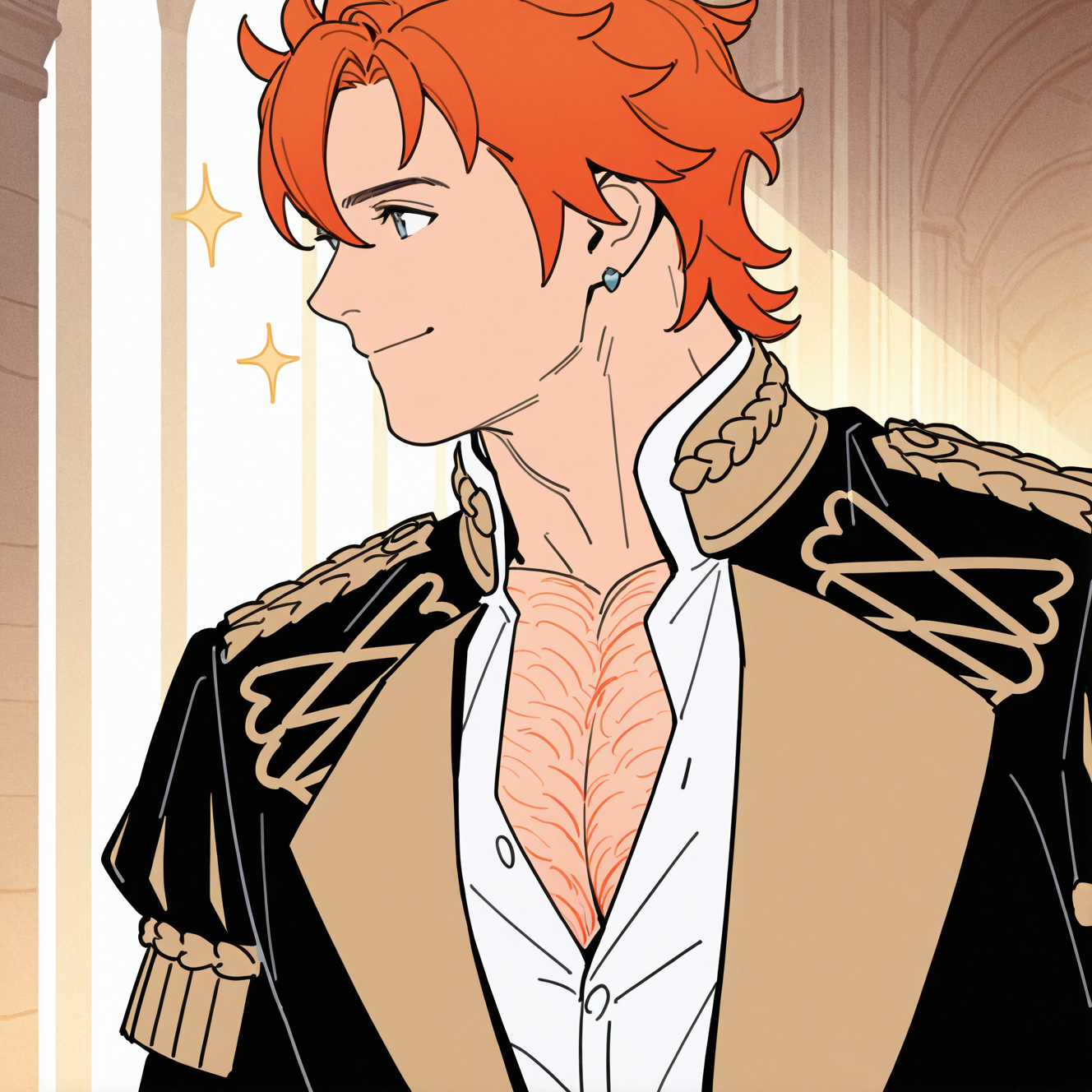 <lora:SYLVAIN:1>
sylvain, solo, smile, short hair, shirt, 1boy, jewelry, jacket, white shirt, upper body, male focus, earrings, open clothes, orange hair, uniform, looking to the side, sparkle, muscular, muscular male, pectorals, bara, large pectorals, epaulettes, sideburns, partially unbuttoned, pectoral cleavage, chest hair, garreg mach monastery uniform, blury background
, motion blur, film grain, abstract, natural lighting, fantasy, cinematic, dynamic view, tilted angle, very awa, masterpiece, best quality, absurdres, newest, perfect quality, detailed background, intricate details, (artist:fl \(l-fl\):0.7), (artist:tooboshoo:0.7), (artist:dizdoodz:0.8)