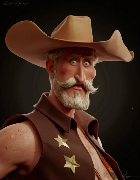 Art by Jean-Baptiste Vendamme. A 3d rendering shoot from a low-angle perspective about a stylized character resembling a cowboy with a wide-brimmed hat and a star-shaped badge. the image also shows a dark background with a soft glow. on the middle of the image, a 1man, who appears to be in his late 60s or early 70s, with white hair and a long beard, wearing a brown vest with a star badge on the left side of his chest. he has a surprised expression, with his eyes wide open and his mouth slightly open, as if he is about to say something. he is standing with his upper body facing the viewer. the character has a slim body and is wearing a cowboy hat on his head, which is slightly tilted to the side, giving it a cowboy-like appearance.