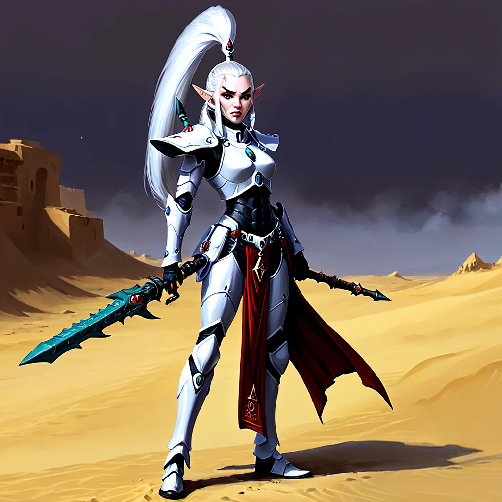 <lora:aeldari_xl_7:1> aedlari, asuryani, standart aeldari, aeldari's armor, 1girl, armor, desert, full_body, hand_on_hip, holding, holding_weapon, looking_at_viewer, outdoors, pauldrons, pointy_ears, polearm, sand, shoulder_armor, solo, spear, staff, standing, weapon, white_hair