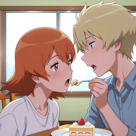 (couple,:1.3),
1girl,sora_takenouchi_tri, orange hair, red eyes,,
1boy,yamato_ishida_tri,blond hair, blue eyes,,
romance,hetero,,
masterpiece, absurdres, newest, perfect quality, best quality, absolutely eye-catching, amazing quality, very aesthetic, high resolution, ultra-detailed,,
feeding,food, open mouth, incoming food,,
cake, plate ,holding fork,,
(wide shot:1.3)