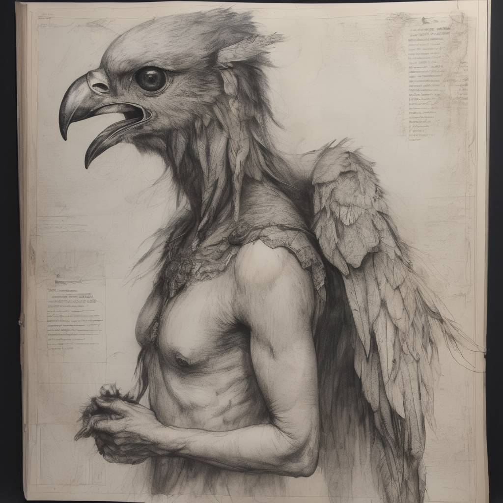 naturalist's journal page depicting a beautiful but menacing harpy, sketched in dark, fine pencil with delicate, haunting details.. Her features are framed by a wild mane of feathers, some flowing softly like hair, but others jagged and ruffled. Smaller sketches surround the main drawing, showing of her woman body, wing structure,. The page is weathered with light smudges and water stains, giving an authentic, vintage look to this eerie field study of the harpy.