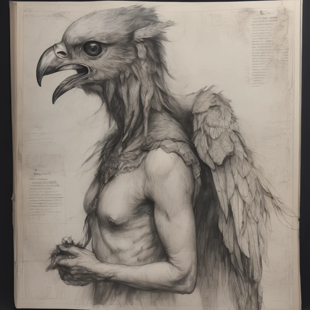 naturalist's journal page depicting a beautiful but menacing harpy, sketched in dark, fine pencil with delicate, haunting details.. Her features are framed by a wild mane of feathers, some flowing softly like hair, but others jagged and ruffled. Smaller sketches surround the main drawing, showing of her woman body, wing structure,. The page is weathered with light smudges and water stains, giving an authentic, vintage look to this eerie field study of the harpy.