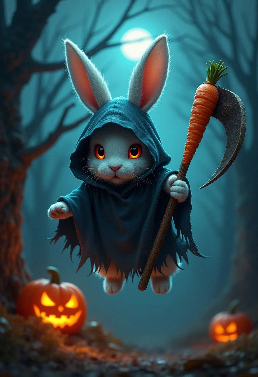 A cute and horror fluffy rabbit dressed creep ghost cloth, hooded,ghost cloth covered only see , ears ,eyes,and nose,mouth,can't see feet,flying on air, holding a sickle ,it blade made of a whole carrot , with a dead tree and a Halloween pumpkin in the background,night,neon light,terror house,