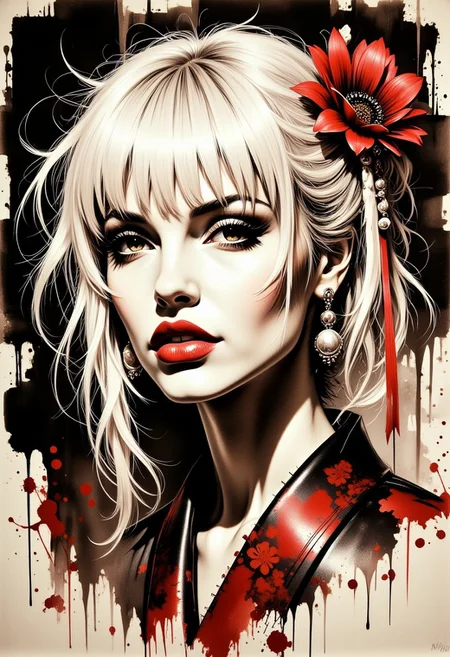 Inkplash art on rice paper, sepia, henna , Silhouette Art, magnificent, dark background, inksplash portrait of stunning japanese woman, messy long platinum hair, bangs, sidelocks, seductive, sultry, lustful, red lips, direct gaze, light hitting one side of face, inksplash abstract background