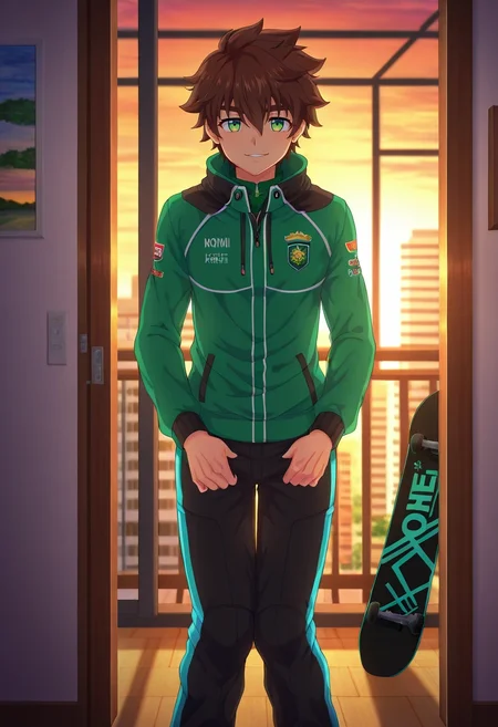 masterpiece, best quality, , anime screencap, anime coloring, , , depth of field, 1boy, solo, male focus, <lora:keitaro_nagame_ilxl:0.92>, keitaro_nagame, brown hair, green eyes, short hair, , uniform, straight-on, apartment, dawn, knees together feet apart, seductive smile, Snowboard pants, Performance polo, , ,
