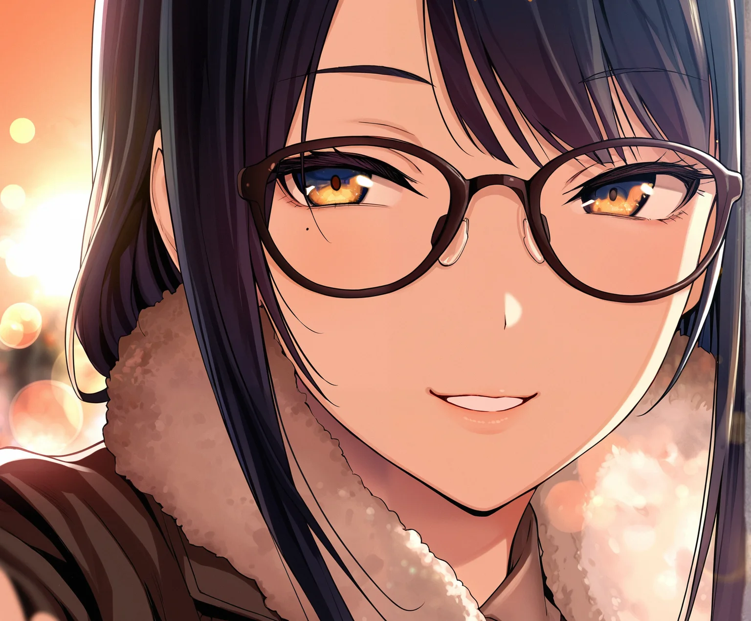 best quality, amazing quality, masterpiece, anime, 1girl, portrait, close-up, stylish glasses, black hair,