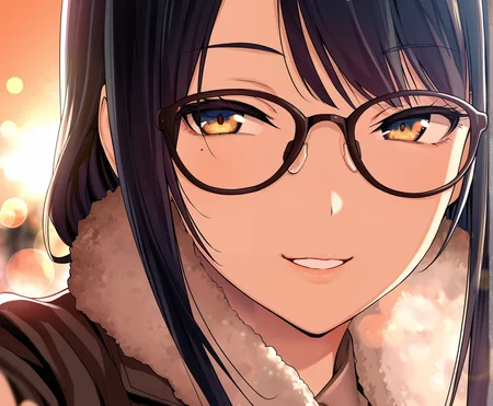 best quality, amazing quality, masterpiece, anime, 1girl, portrait, close-up, stylish glasses, black hair,