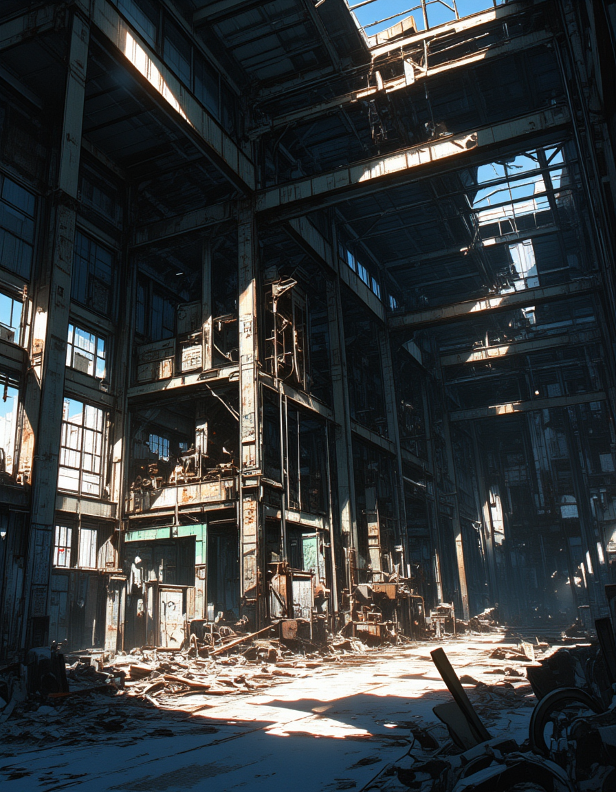 <lora:CW02_Lost_indusin:1> japanese animation style, cw02lost, indoors, abandoned, factory, rust, decay, derelict, broken machinery, industrial, destruction, metal, graffiti, broken roof, steel beams, debris, grunge, ruin, cold, structure, weathered, mess, desolation, corrosion