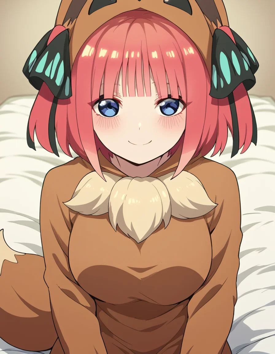 score_9, score_8_up, score_7_up, source_anime, <lora:nnakano-s2-ponyxl-lora-nochekaiser:1>, short hair, bangs, blue eyes, hair ornament, hair ribbon, pink hair, blunt bangs, two side up, butterfly hair ornament, large breasts,, <lora:eevee-cosplay-ponyxl-lora-nochekaiser:1>, eevee cosplay, eevee (cosplay), cosplay, hood, hood up, long sleeves, kigurumi, animal ears, pokemon tail, tail,, bed, on bed, sitting, smile, blush,, cowboy shot, looking at viewer,