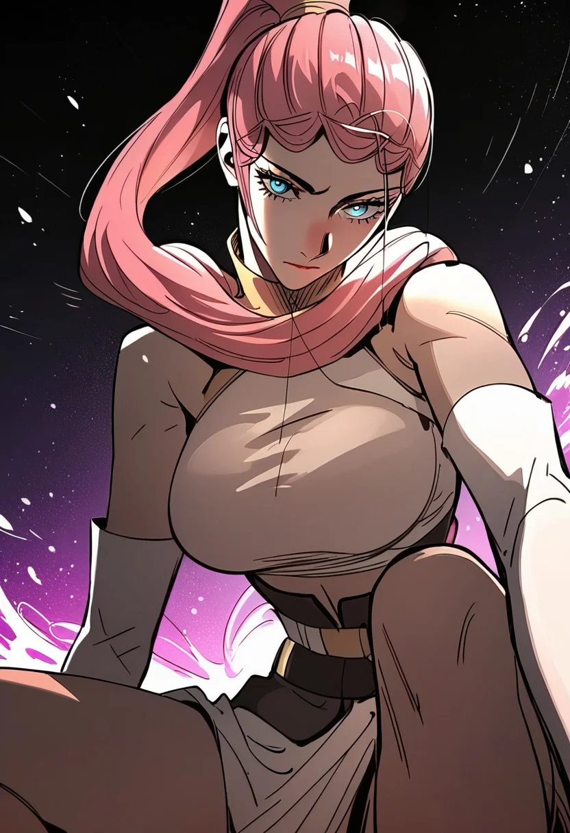 score_9, score_8_up, score_7_up, score_6_up, Expressiveh,
longyuyin, 1girl, ponytail, pink hair, long hair, blue eyes, large breasts, elbow gloves, long legs, detailed face, full color, vibrant color, dynamic pose, dynamic angle, sitting, from below, head tilt, daylight
