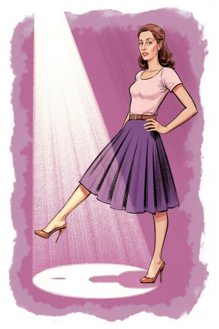 watercolor illustration.
A woman stands on one leg. She is dressed in a stylish outfit from the 1950s or 1960s. She wears a light pink short-sleeved blouse with a scoop neck, cinched at the waist with a brown belt, and a high-waisted, knee-length pleated skirt in a deep purple hue. There is a spotlight on the left, and the woman is about to step into the spotlight. <lora:watercolor.comic1_cap_d6a3:1.0><lora:830620518978690809:0>
