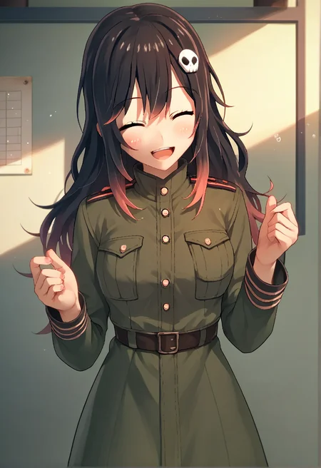 source_anime, score_9, score_8_up, score_7_up, score_6_up, score_5_up, score_4_up, 1 girl, solo, (happy:1), <lora:Rin_Rokuhara_from_LiL_PonyXL:0.85>, rin_rokuhara, breasts, skull hair ornament, long hair, bangs, <lora:naipf:1>,(military base, Creating a vision board),