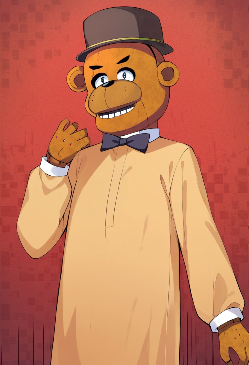 masterpiece, best quality, score_9, score_8_up, score_7_up, score_6_up, score_5_up, score_4_up, saudi man, Freddy Fazbear, red checkered background, abstract background,