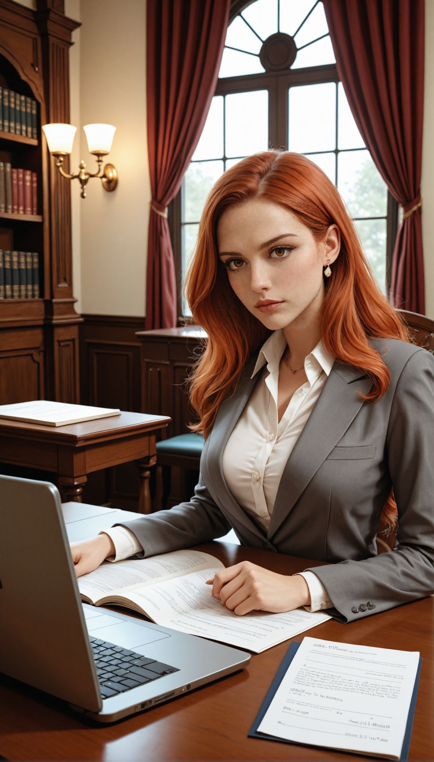 fully clothed, (style of Annie Leibovitz) sophisticated office setting, warm but professional lighting, lawyer standing confidently behind her desk, leaning slightly forward poised with authority, serious and focused expression, strong eye contact, desk cluttered with scattered legal documents, closed laptop, muted tones of beige and mahogany, tailored dark grey blazer, white blouse with minimal jewelry, classic and respectful courtroom attire, background with dark wood paneling and large law books on shelves, depth and shadow adding drama, soft natural light from large window creating subtle shadows, Cindy_Pyrosa