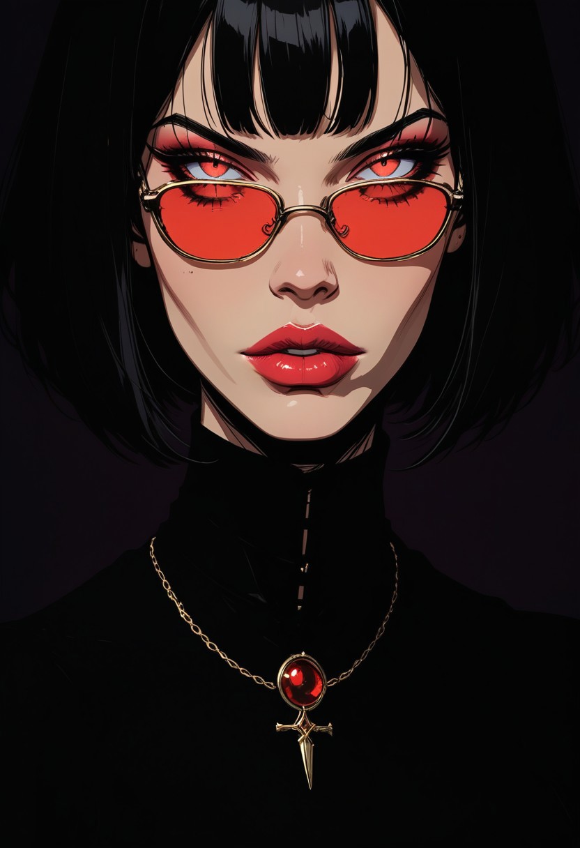 Stylized digital portrait of a vampire lord 1boy 1man nosferatu with fair skin and short, dark hair. The subject is wearing red-tinted sunglasses, a black elegant robes. They have a confident expression with slightly parted lips and a relaxed posture. The background is a solid, vibrant red, which contrasts with the subject's attire. The person is accessorized with gold jewelry, including a necklace with a pendant, The overall composition is bold and striking, with a focus on the subject's face and upper body. easynegative, sinozick style, flat color, dark theme, g4n1m3