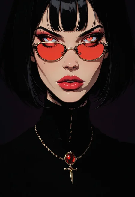 Stylized digital portrait of a vampire lord 1boy 1man nosferatu with fair skin and short, dark hair. The subject is wearing red-tinted sunglasses, a black elegant robes. They have a confident expression with slightly parted lips and a relaxed posture. The background is a solid, vibrant red, which contrasts with the subject's attire. The person is accessorized with gold jewelry, including a necklace with a pendant, The overall composition is bold and striking, with a focus on the subject's face and upper body. easynegative, sinozick style, flat color, dark theme, g4n1m3